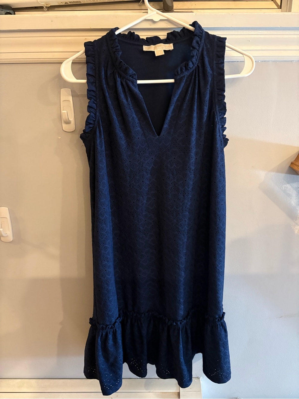 Michael Kors Navy Eyelet V-Neck Ruffle Hem Mini Dress